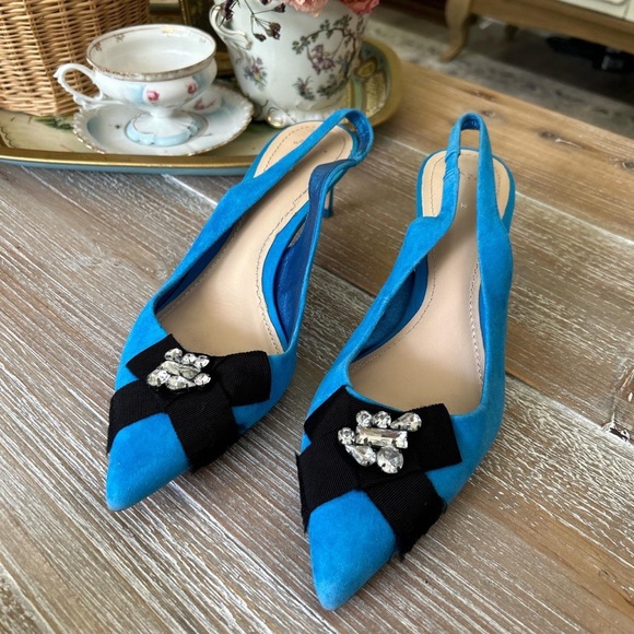 Size 8 Zara blue faux-suede kitten pointed toe heels black ribbon & rhinestone - Picture 1 of 8